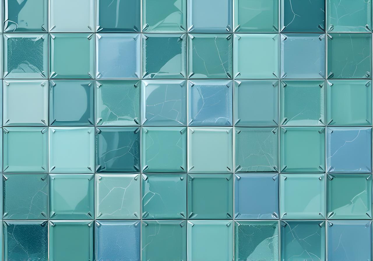 Mosaico de baldosas cerámicas brillantes en patrón geométrico sobre fondo verde azulado, con textura industrial y brillo uniforme