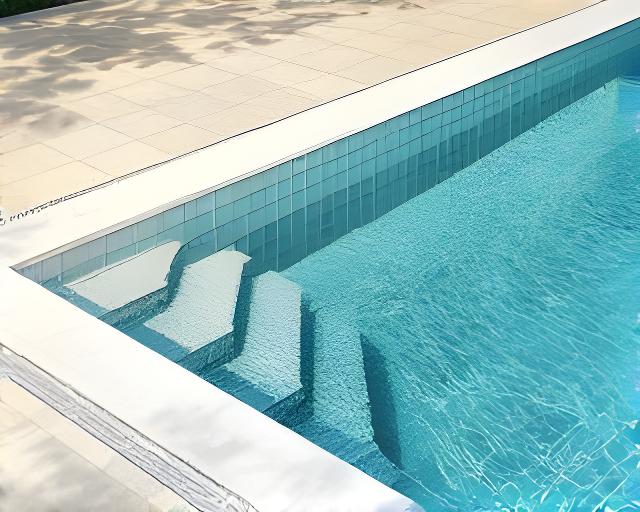 Pileta y solarium con revestimiento antideslizante, agua tranquila y borde perimetral limpio