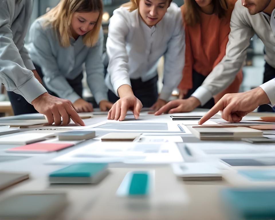 Equipo revisando documentación comercial y muestras de revestimientos cerámicos en una mesa de trabajo luminosa