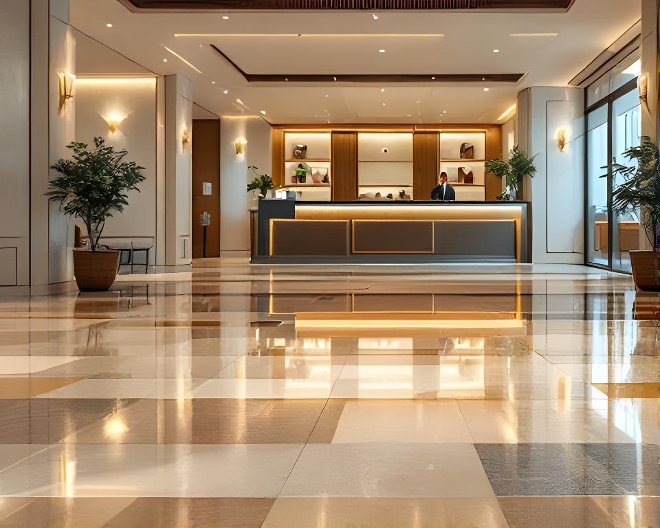 Lobby de hotel en Posadas con porcellanato de alto tránsito, luminarias cálidas y piso pulido